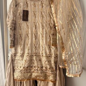 Sharara suit Gold and Cream Embroidered Dress 3 pc